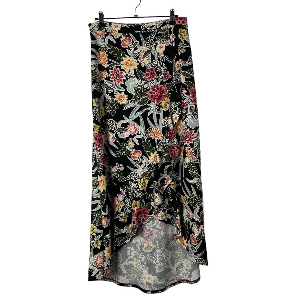 Massini Black Colorful Floral Wrap Front Stretch Maxi Skirt M
